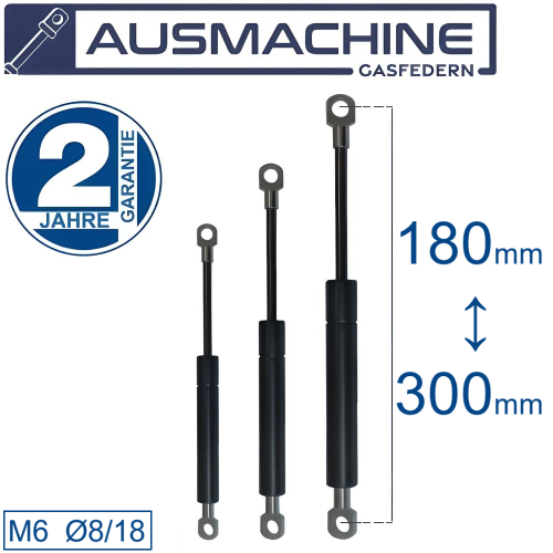 From 140mm ∼ Up to 299mm length Gas spring M6 Gas pressure damper