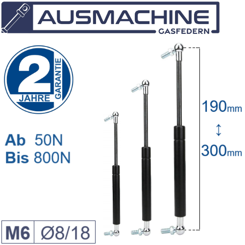 From 140mm ∼ Up to 299mm length Gas spring M6 Gas pressure damper