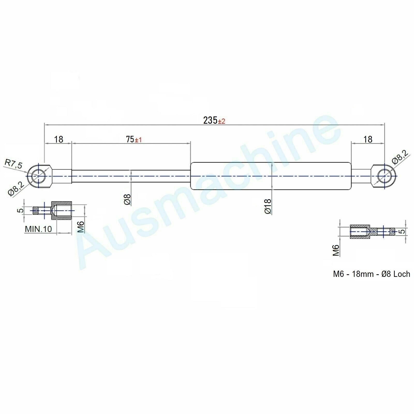 From 140mm ∼ Up to 299mm length Gas spring M6 Gas pressure damper