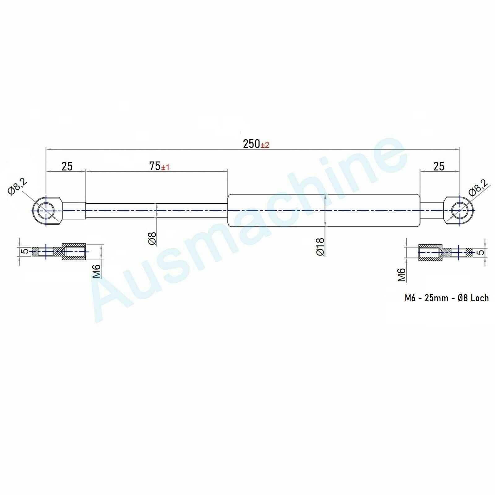 From 140mm ∼ Up to 299mm length Gas spring M6 Gas pressure damper