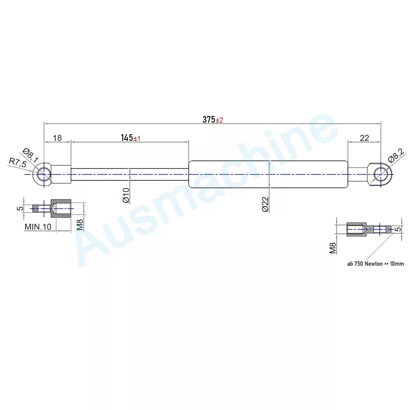 From 300mm ∼ Up to 399mm length Gas pressure spring M8 Gas pressure damper