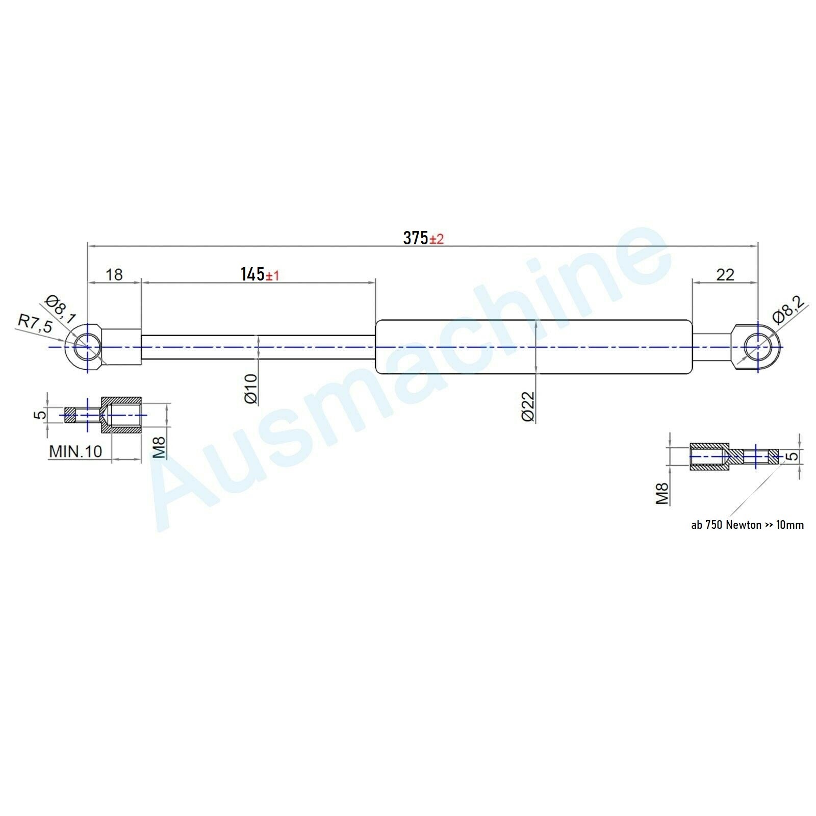 Ab 350mm ∼ Bis 425mm Länge Gasdruckfeder M8 Gasdruckdämpfer mit Ösen