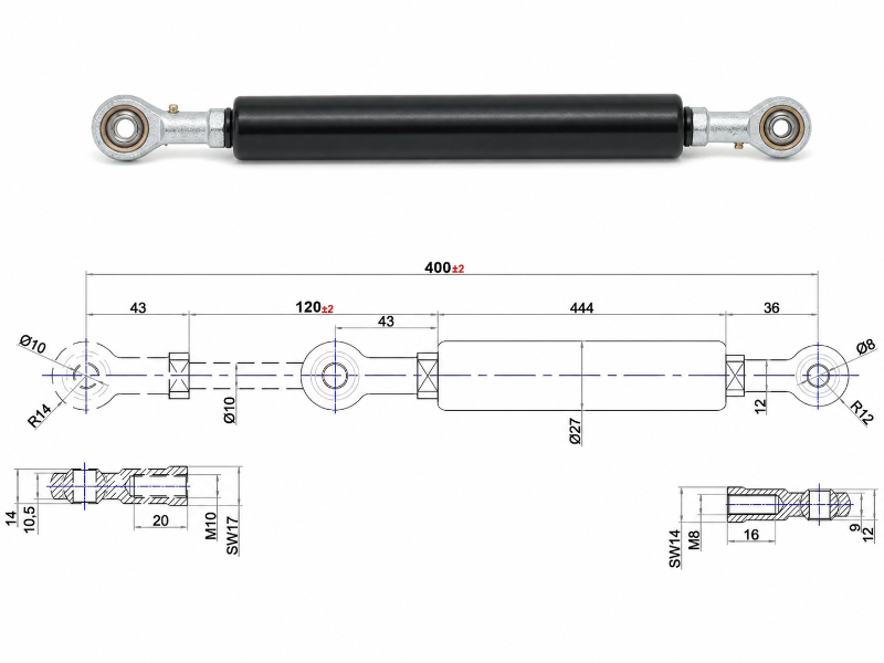 Gaszugfeder mit/ohne Ventil 600 - 2500N Extension Traction