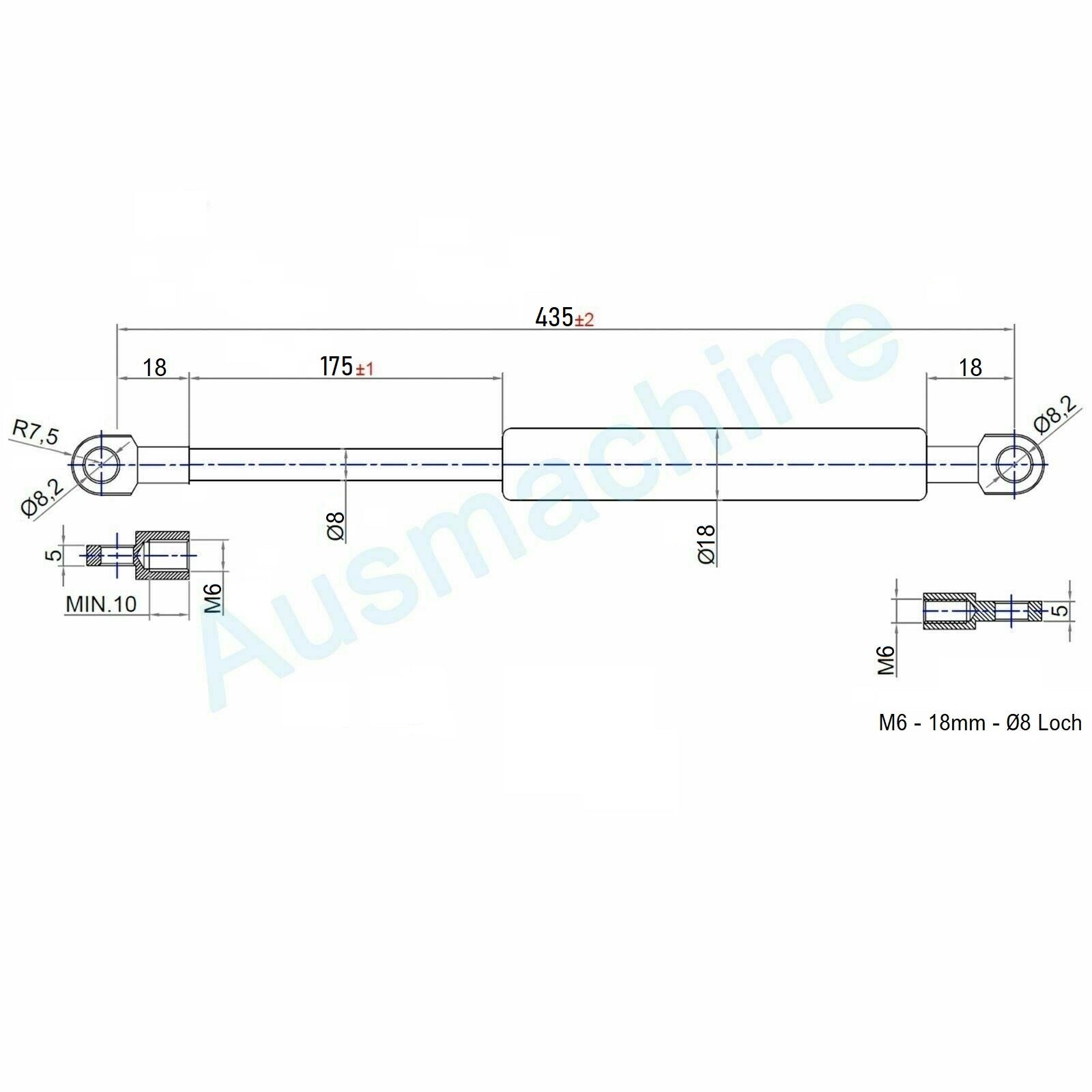 Ab 301mm ∼ Bis 500mm Länge Gasdruckfeder M6 Gasdruckdämpfer mit Ösen