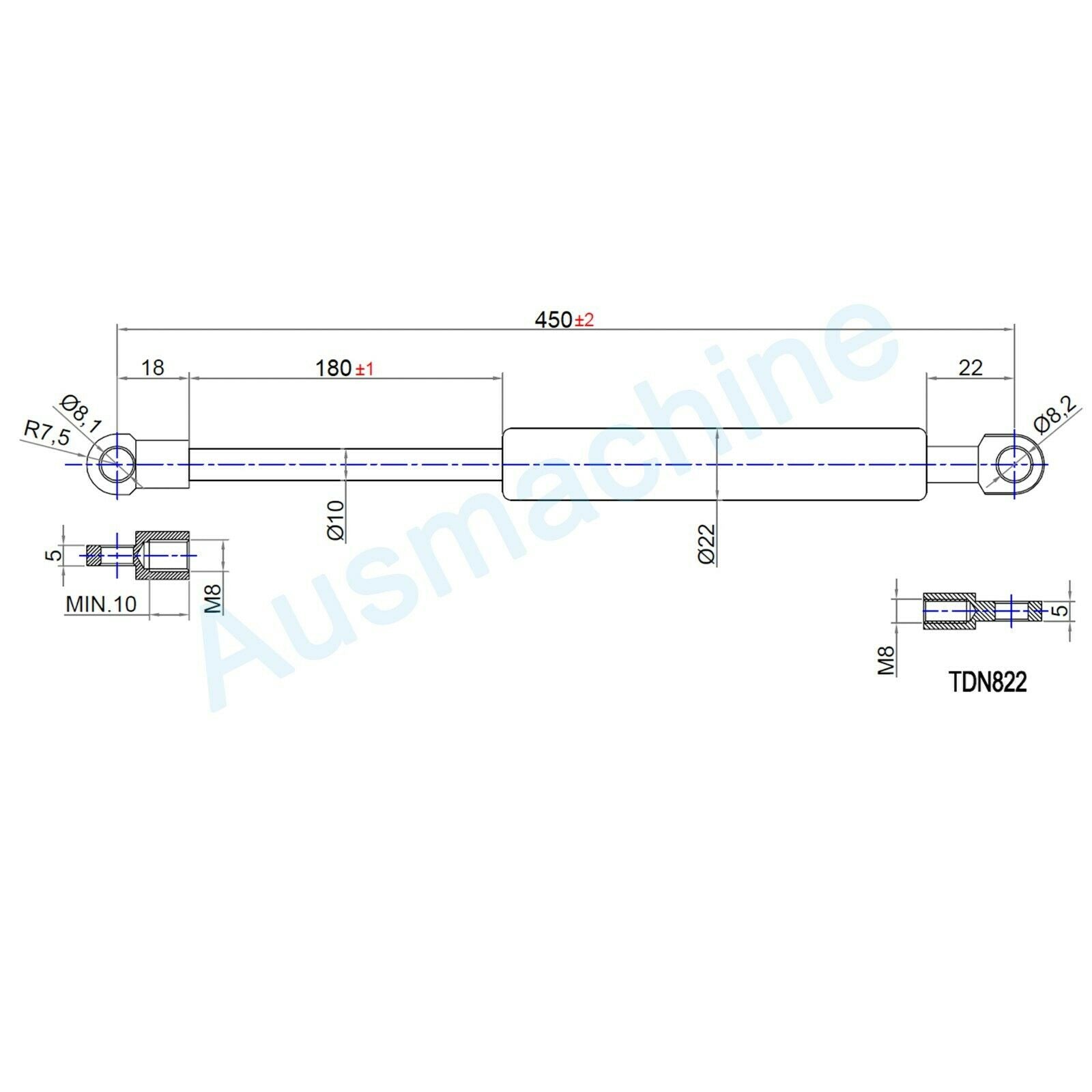 From 400mm ∼ Up to 499mm length Gas pressure spring M8 Gas pressure damper