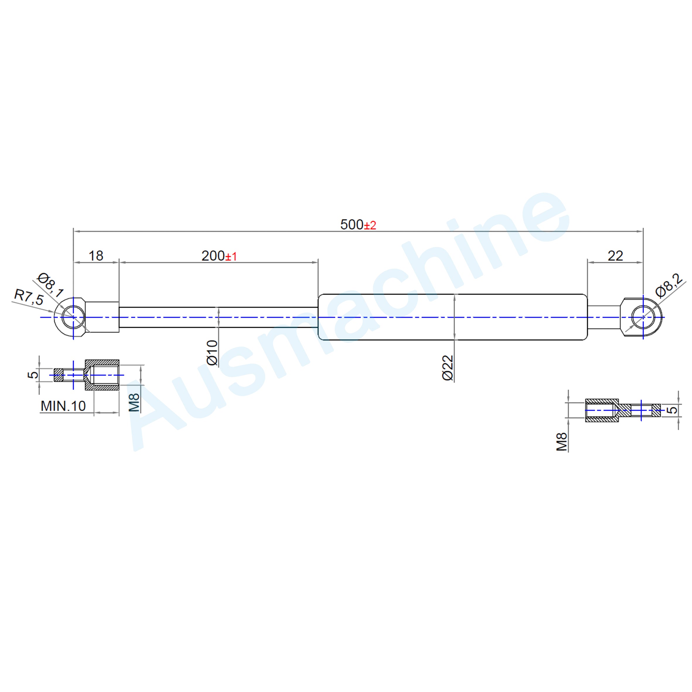 From 400mm ∼ Up to 499mm length Gas pressure spring M8 Gas pressure damper