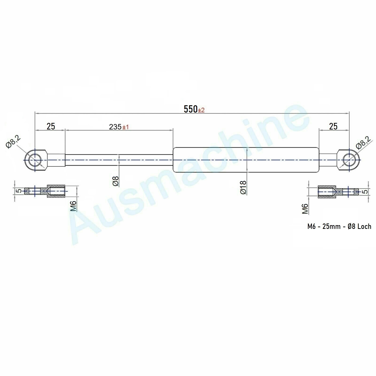 From 300mm ∼ Up to 549mm length Gas spring M6 Gas pressure damper