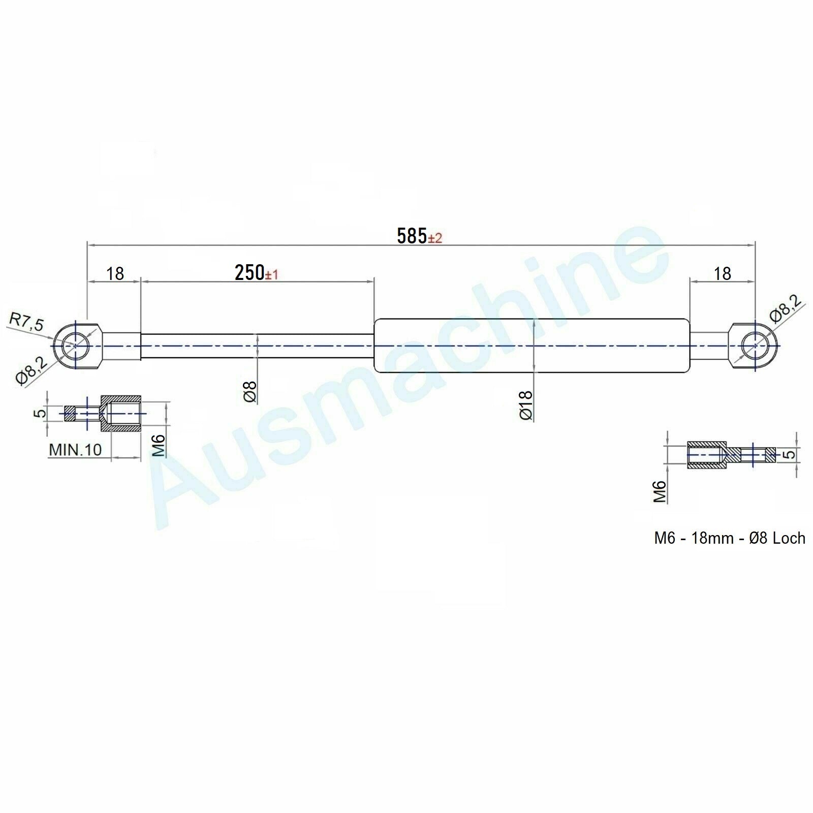 From 300mm ∼ Up to 549mm length Gas spring M6 Gas pressure damper