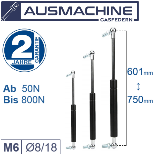 From 550mm ∼ Up to 700mm length Gas spring M6 Gas pressure damper