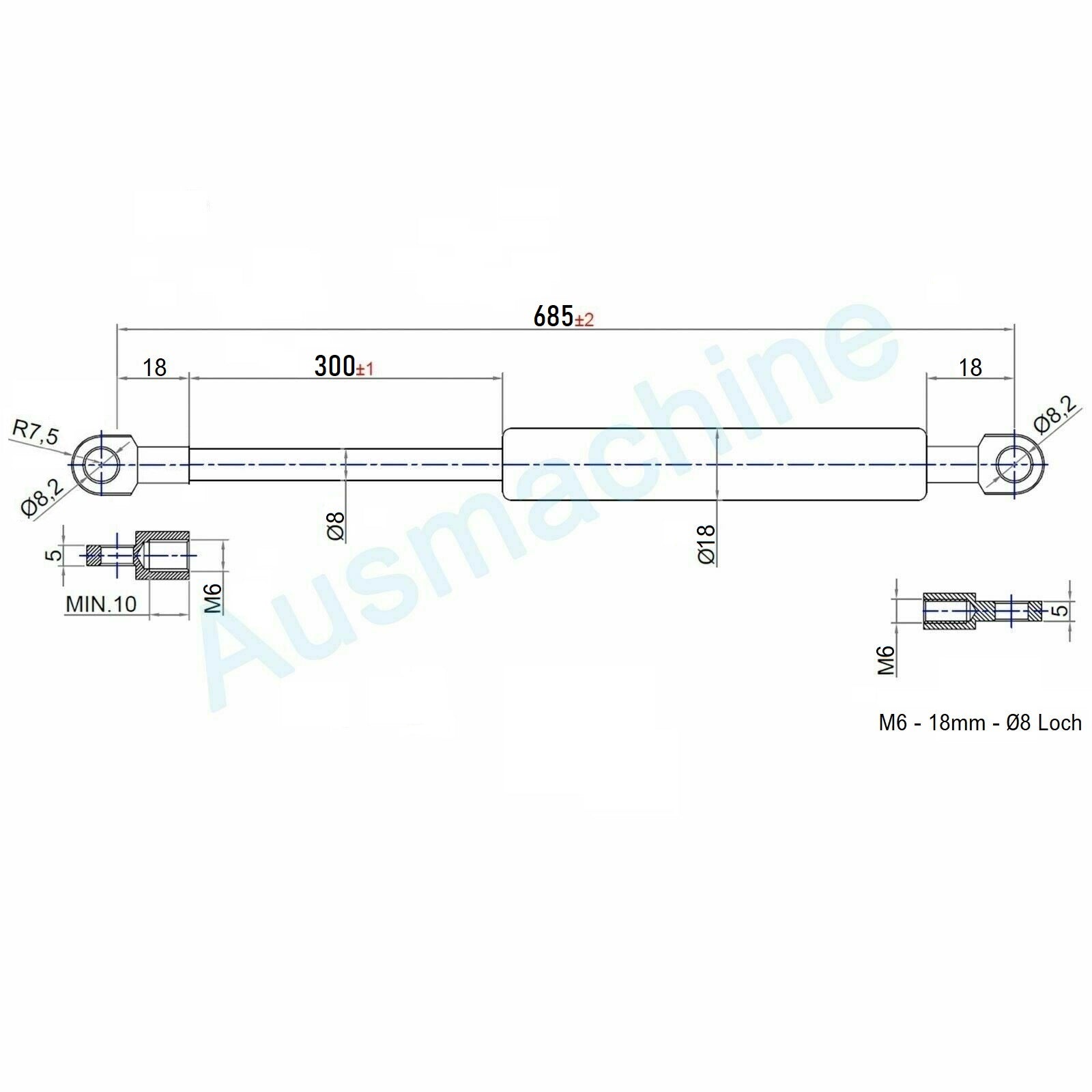 Ab 601mm ∼ Bis 750mm Länge Gasdruckfeder M6 Gasdruckdämpfer mit Ösen