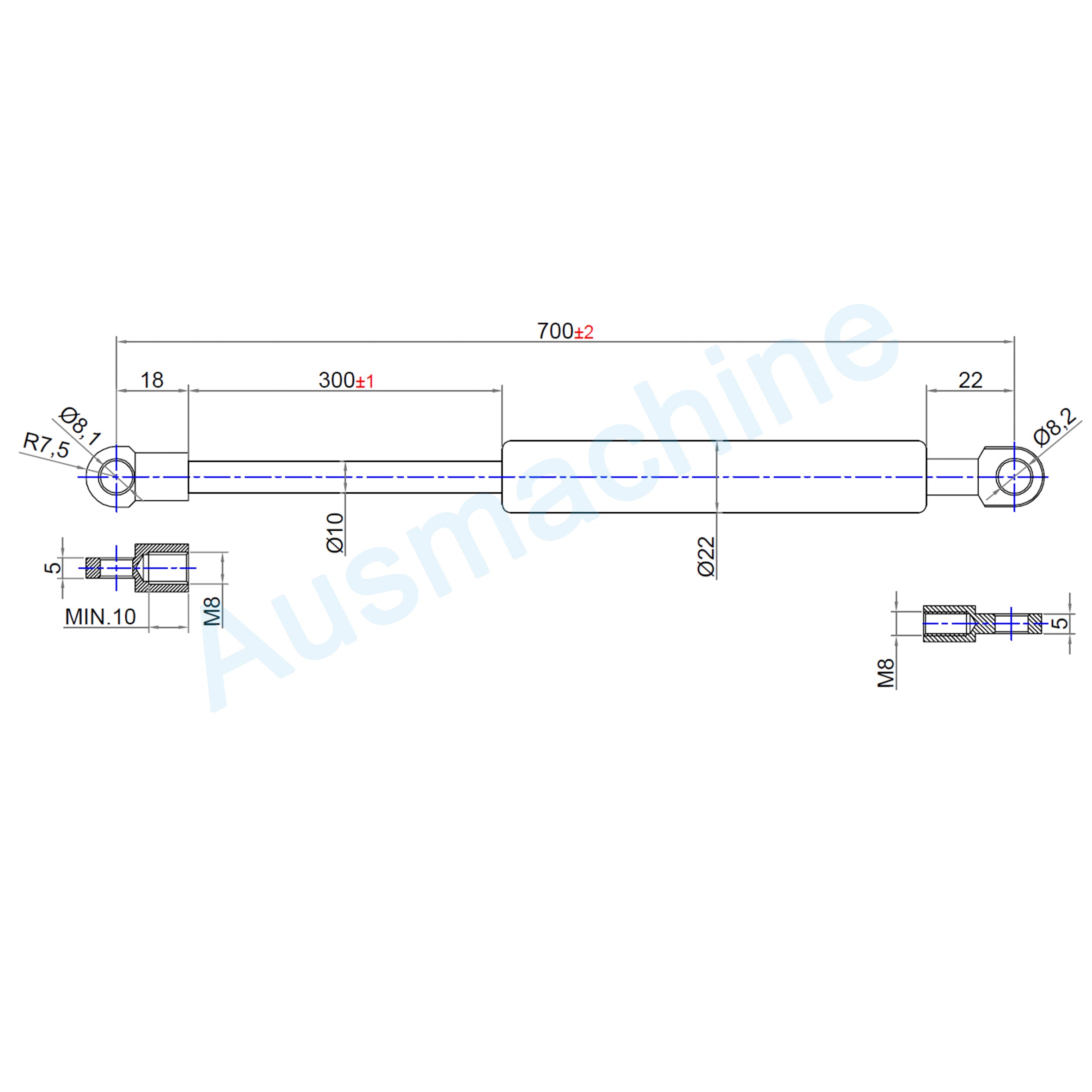 From 600mm ∼ Up to 699mm length Gas spring M8 Gas pressure damper