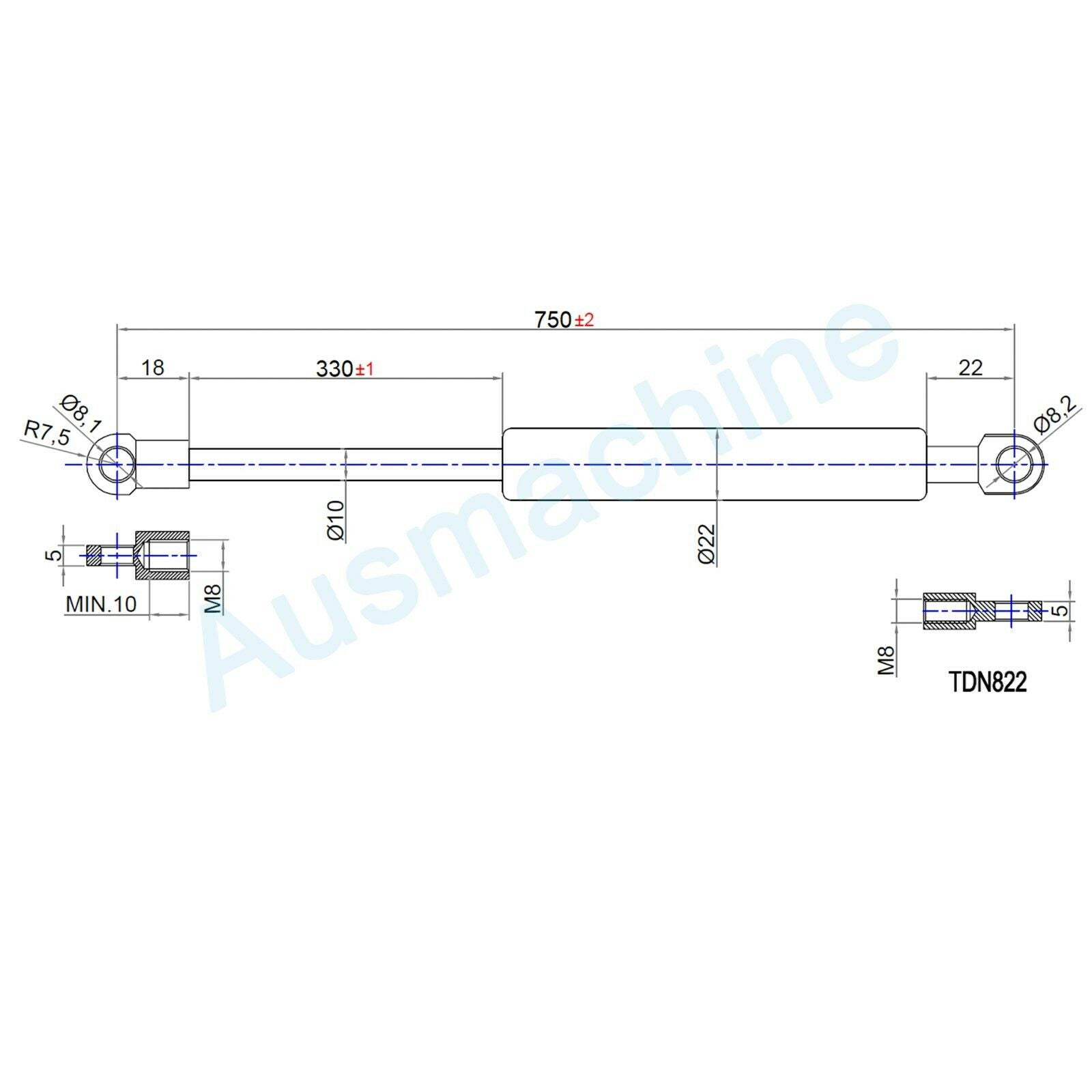 From 700mm ∼ Up to 799mm length Gas spring M8 Gas pressure damper