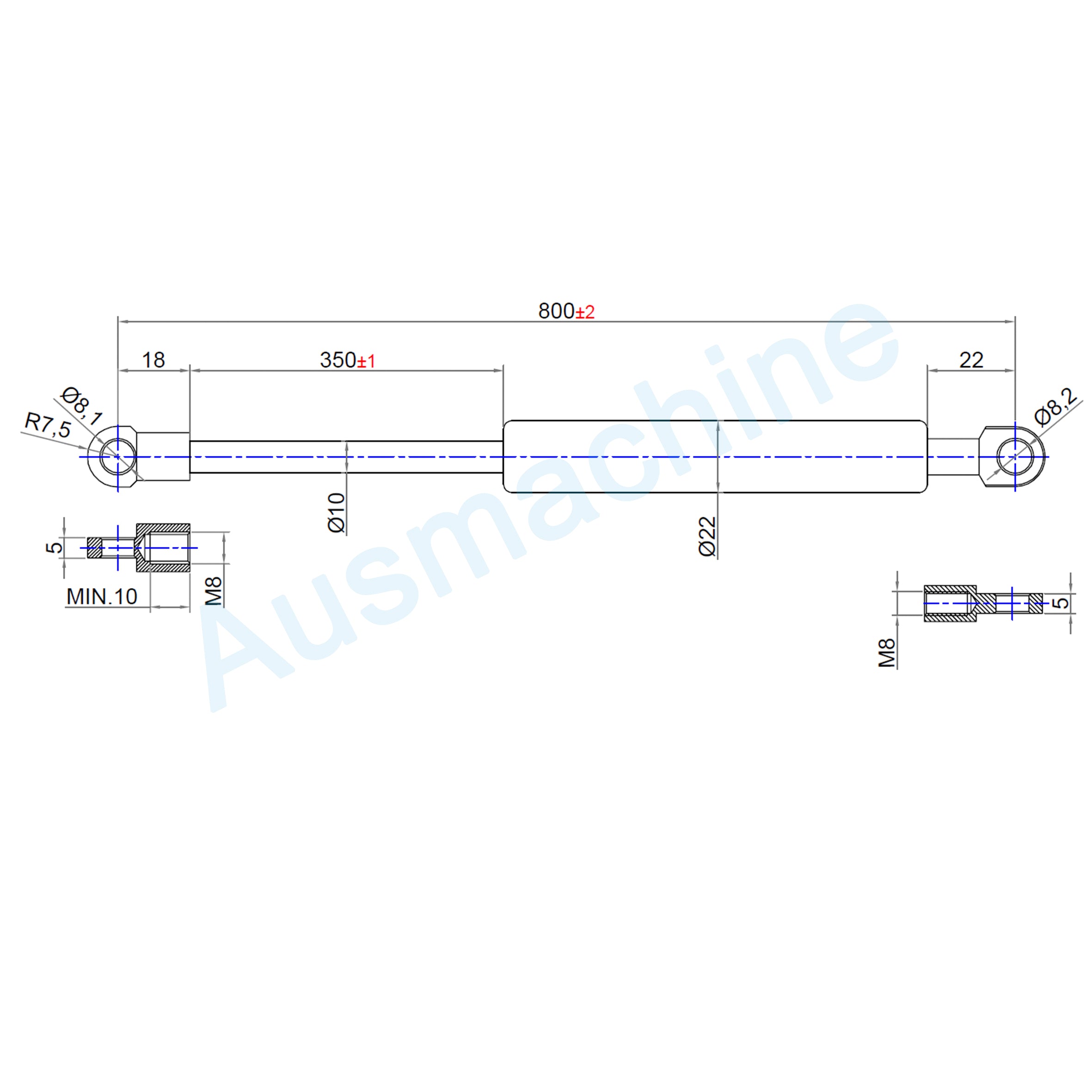 From 700mm ∼ Up to 799mm length Gas spring M8 Gas pressure damper