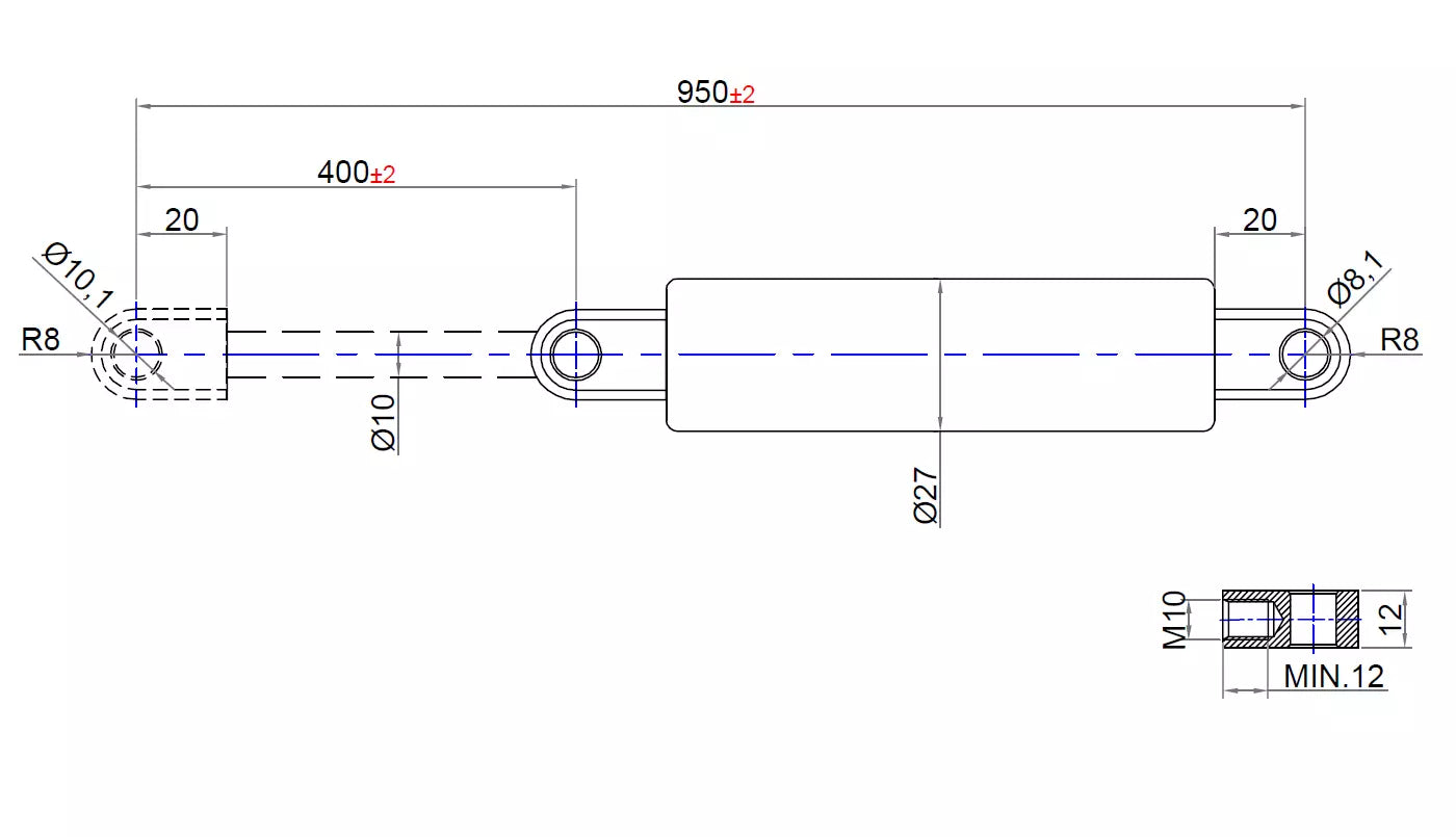 Gaszugfeder mit/ohne Ventil 600-2500N Extension Traction