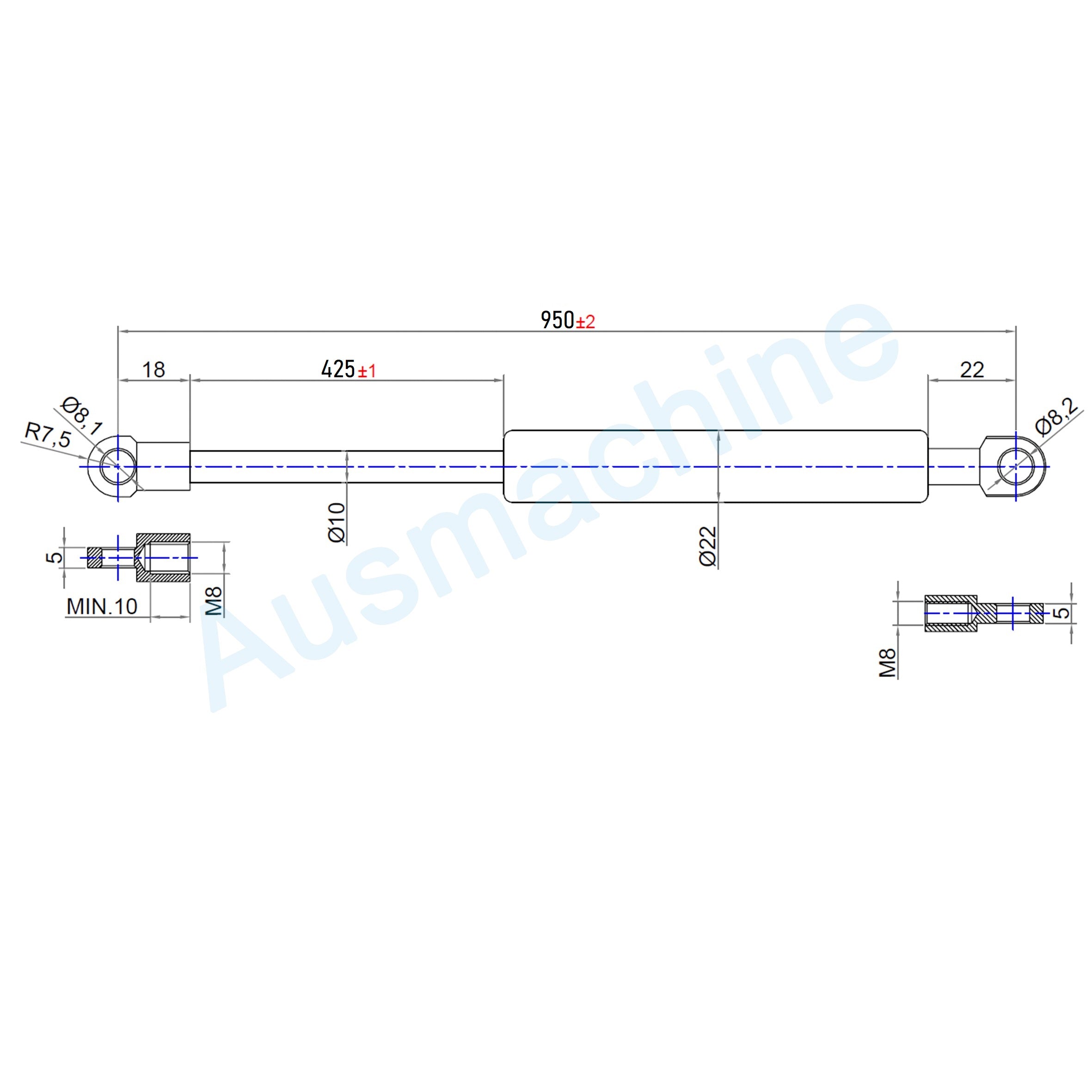 Ab 850mm ∼ Bis 950mm Länge Gasdruckfeder M8 Gasdruckdämpfer mit Ösen