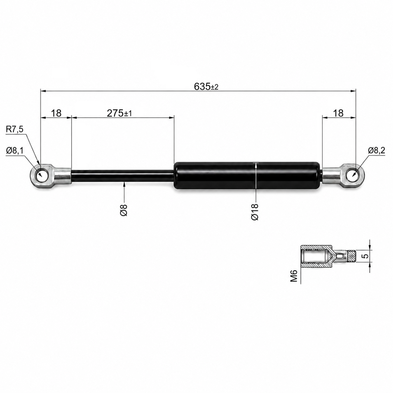 Gasdruckfeder Ab 601mm ∼ Bis 750mm Länge M6 Gasdruckdämpfer mit Ösen