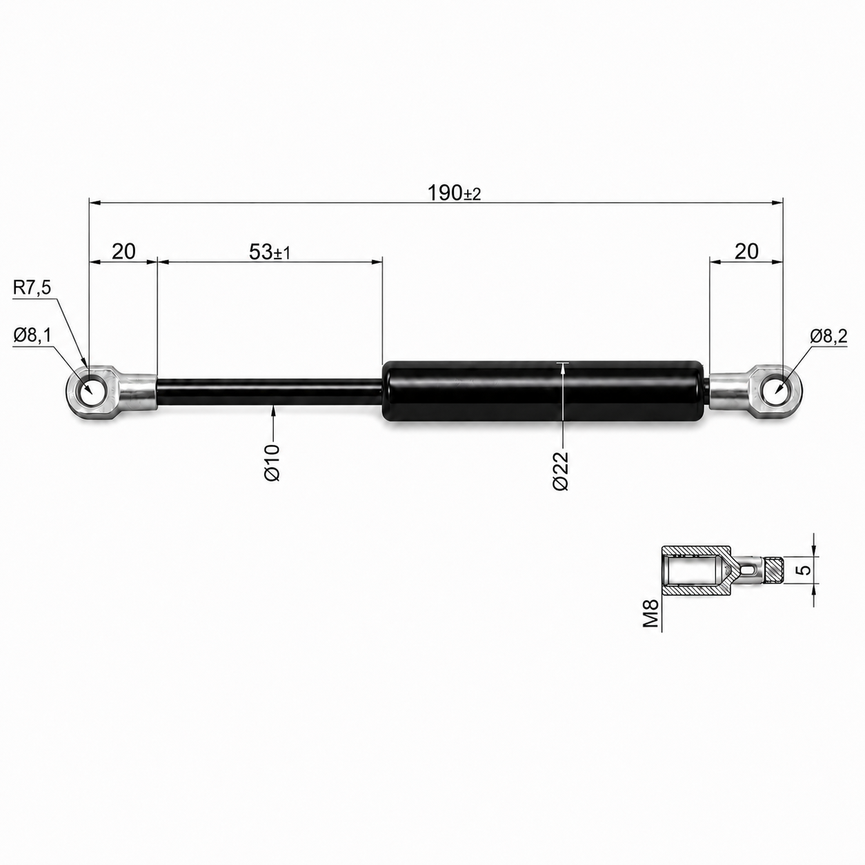 Gasdruckfeder Ab 190mm ∼ Bis 349mm Länge M8 Gasdruckdämpfer mit Ösen