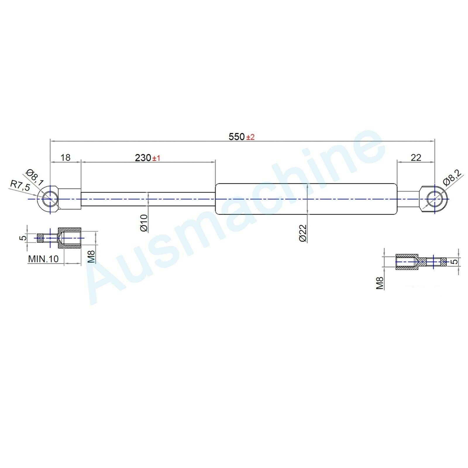Gasdruckfeder Ab 550mm ∼ Bis 649mm Länge M8 Gasdruckdämpfer mit Ösen