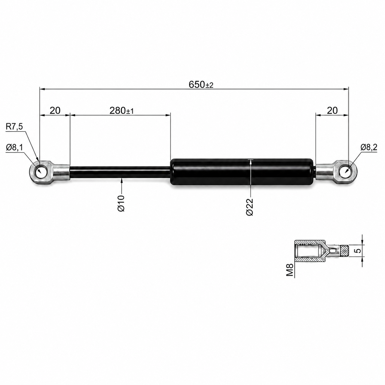 Gasdruckfeder Ab 650mm ∼ Bis 749mm Länge M8 Gasdruckdämpfer mit Ösen