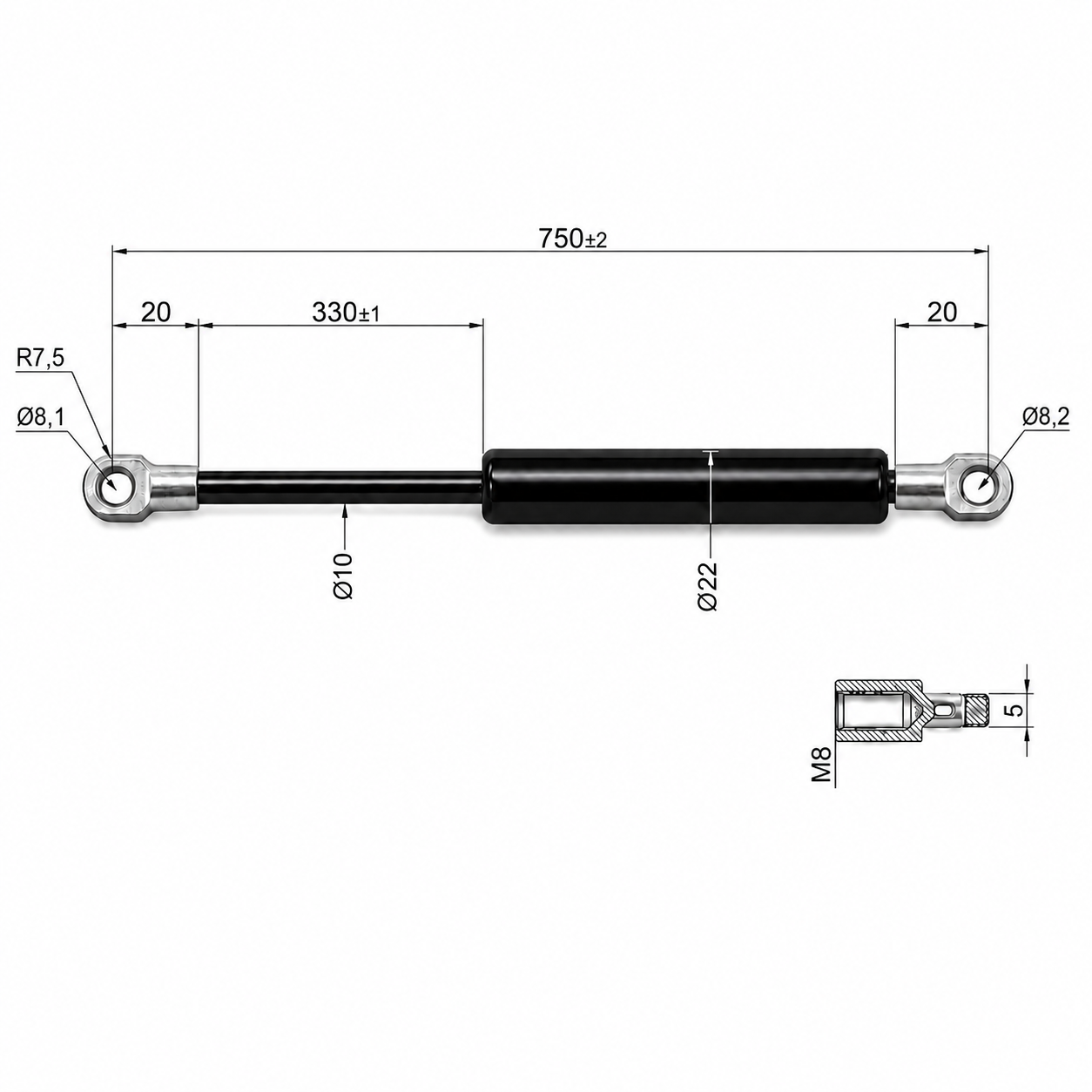 Gasdruckfeder Ab 750mm ∼ Bis 849mm Länge M8 Gasdruckdämpfer mit Ösen