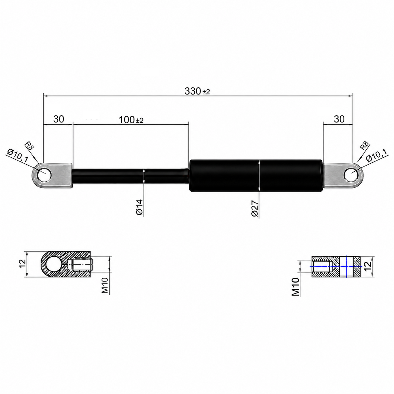 Gasdruckdämpfer Ab 330mm ∼ Bis 1125mm Länge Gasdruckfeder M10 für Pferdeanhänger imbisswagen
