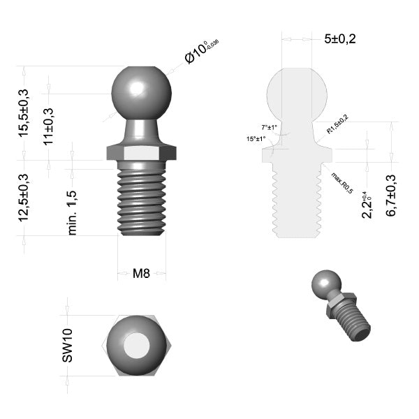 Kugelbolzen aus Edelstahl Kugelkopf M6 M8 Kugelzapfen