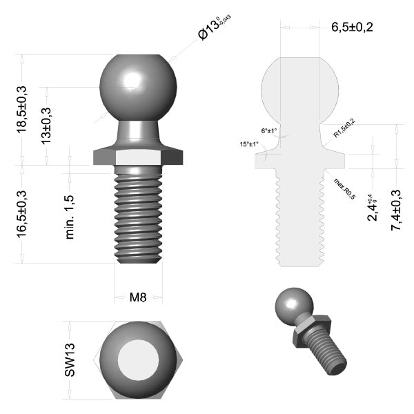 Kugelbolzen aus Edelstahl Kugelkopf M6 M8 Kugelzapfen