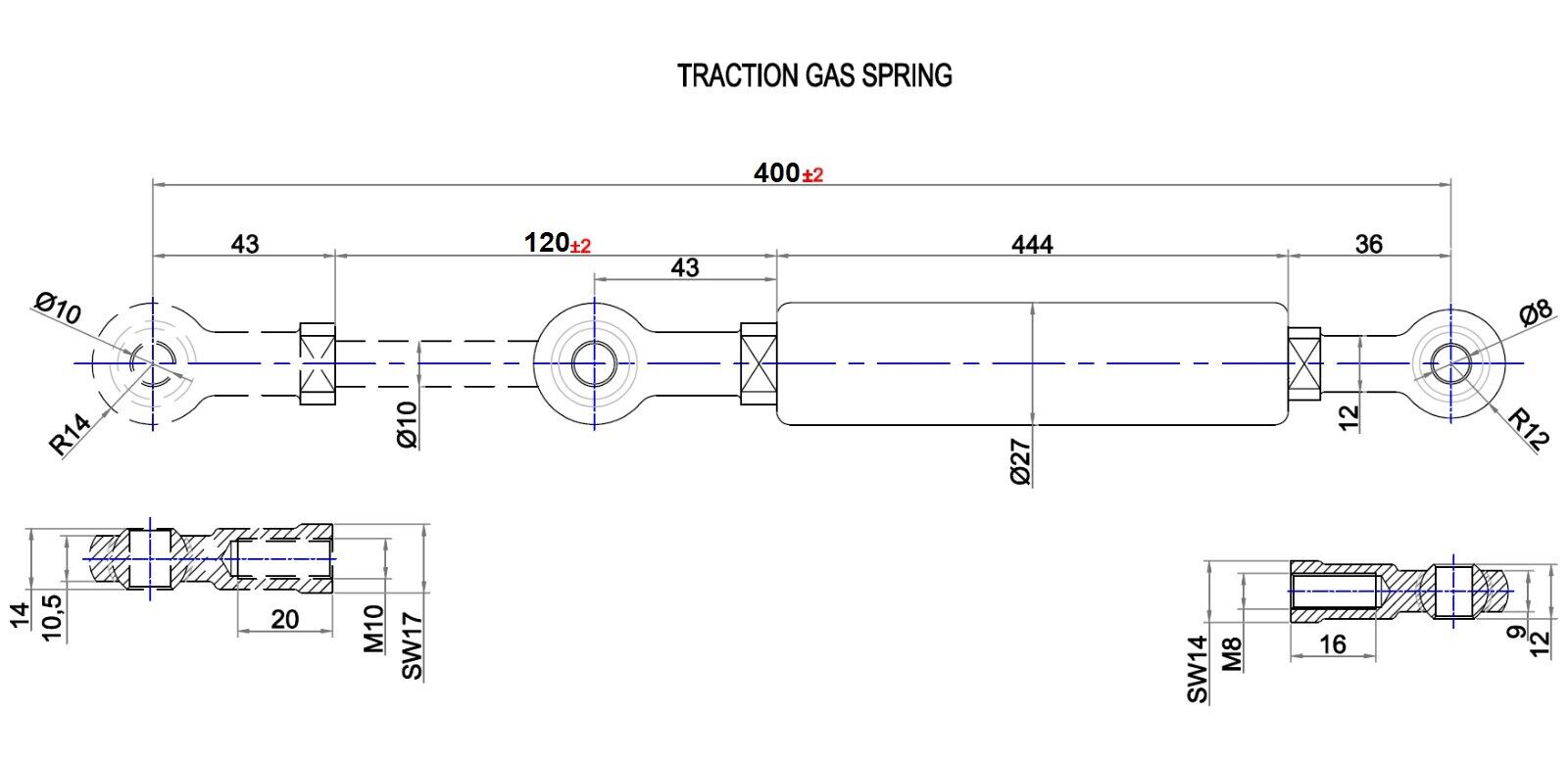 Gaszugfeder mit/ohne Ventil 600 - 2500N Extension Traction