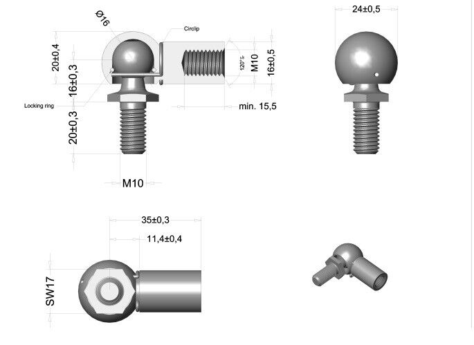 Ball joint made of STAINLESS STEEL M6 M8 M10 Angle joint DIN 71802 for gas spring 