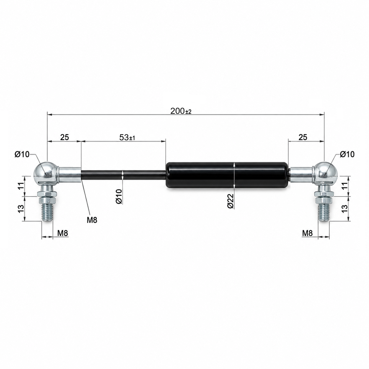 Gasdruckfeder Ab 200mm ∼ Bis 349mm M8 Gasdruckdämpfer mit Kugelgelenk