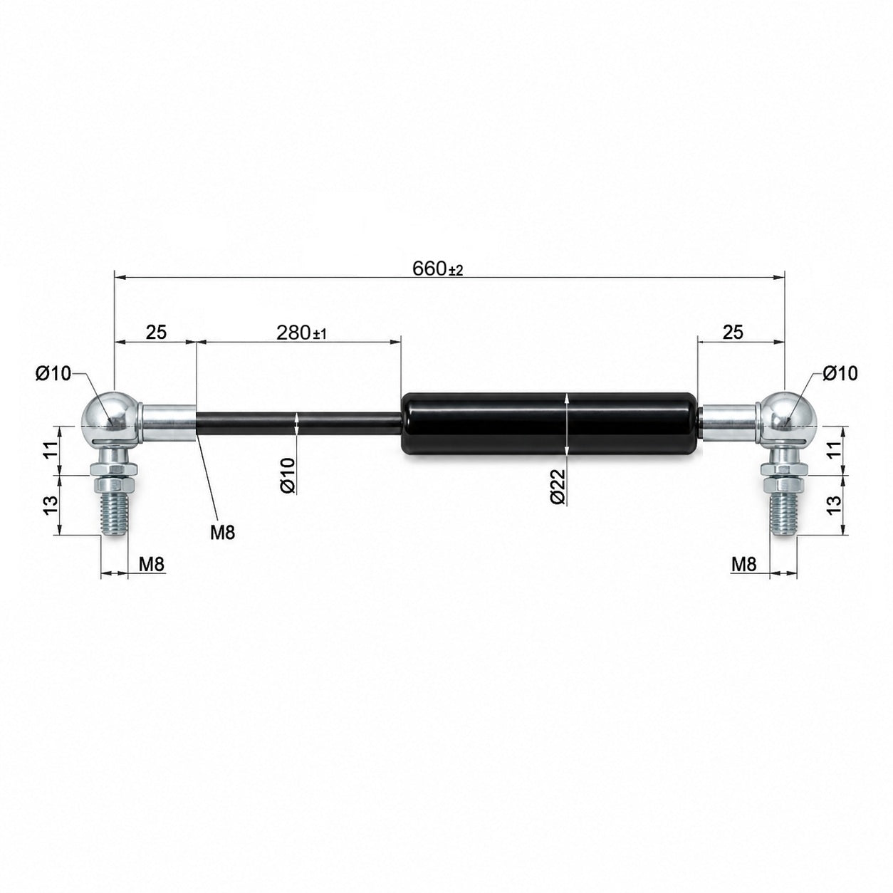 Gasdruckfeder Ab 650mm ∼ Bis 749mm M8 Gasdruckdämpfer Mit Kugelgelenk