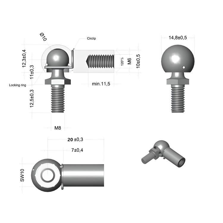 Kugelgelenk aus EDELSTAHL M6 M8 M10 Winkelgelenk DIN 71802 für Gasdruckfeder