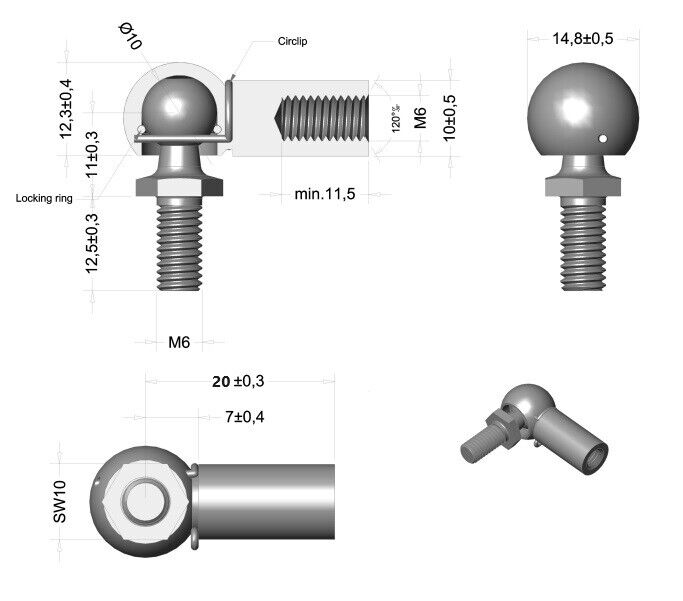 Ball joint made of STAINLESS STEEL M6 M8 M10 Angle joint DIN 71802 for gas spring 