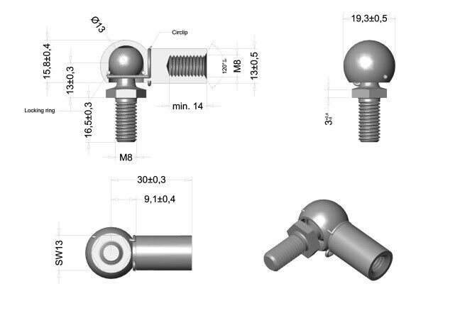 Ball joint made of STAINLESS STEEL M6 M8 M10 Angle joint DIN 71802 for gas spring 