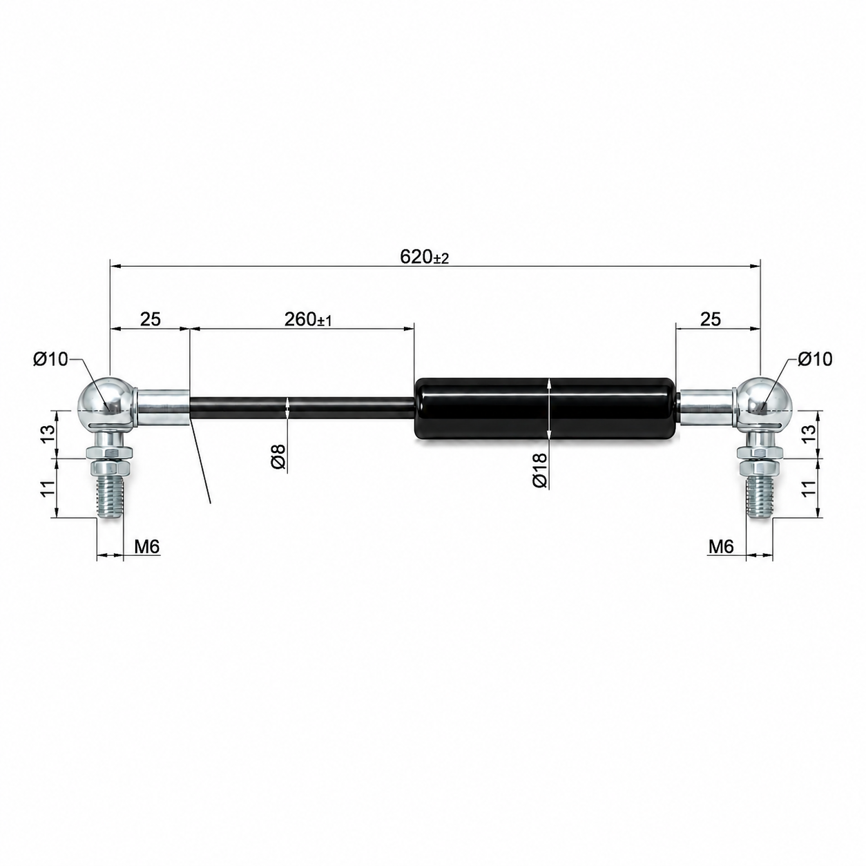 Gasdruckfeder Ab 601mm ∼ Bis 750mm Länge M6 Gasdruckdämpfer mit Kugelgelenk