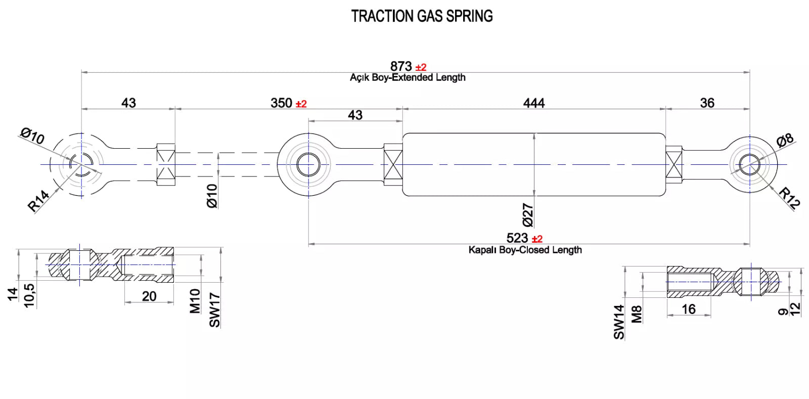 Gaszugfeder mit/ohne Ventil 600-2500N Extension Traction