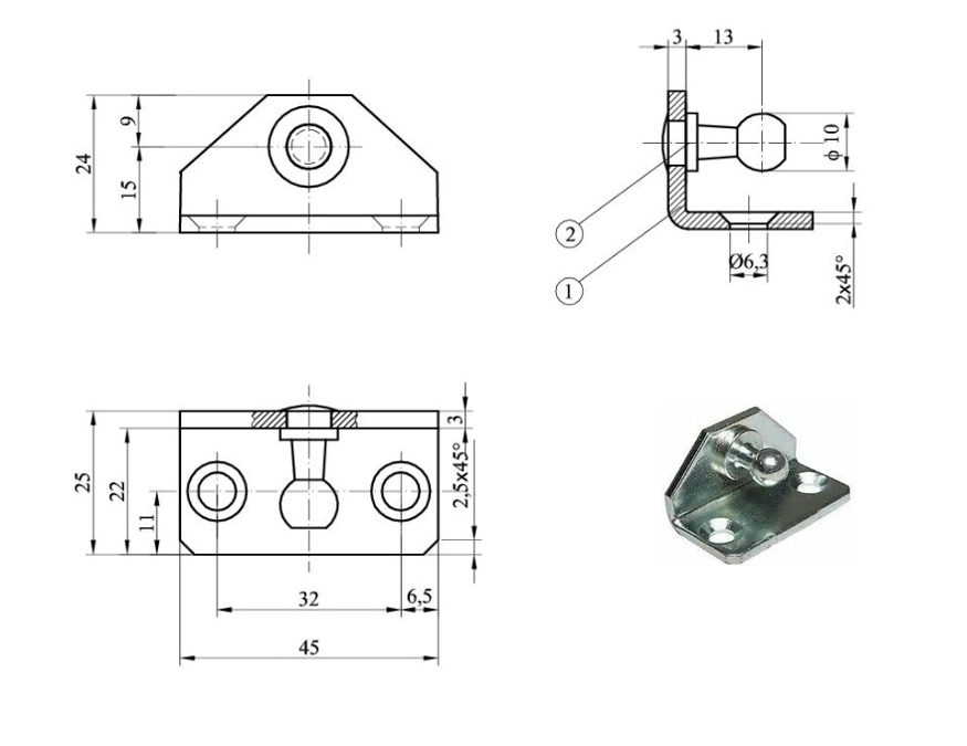 Mounting plate L-shape with ball head 8/10mm for gas spring 