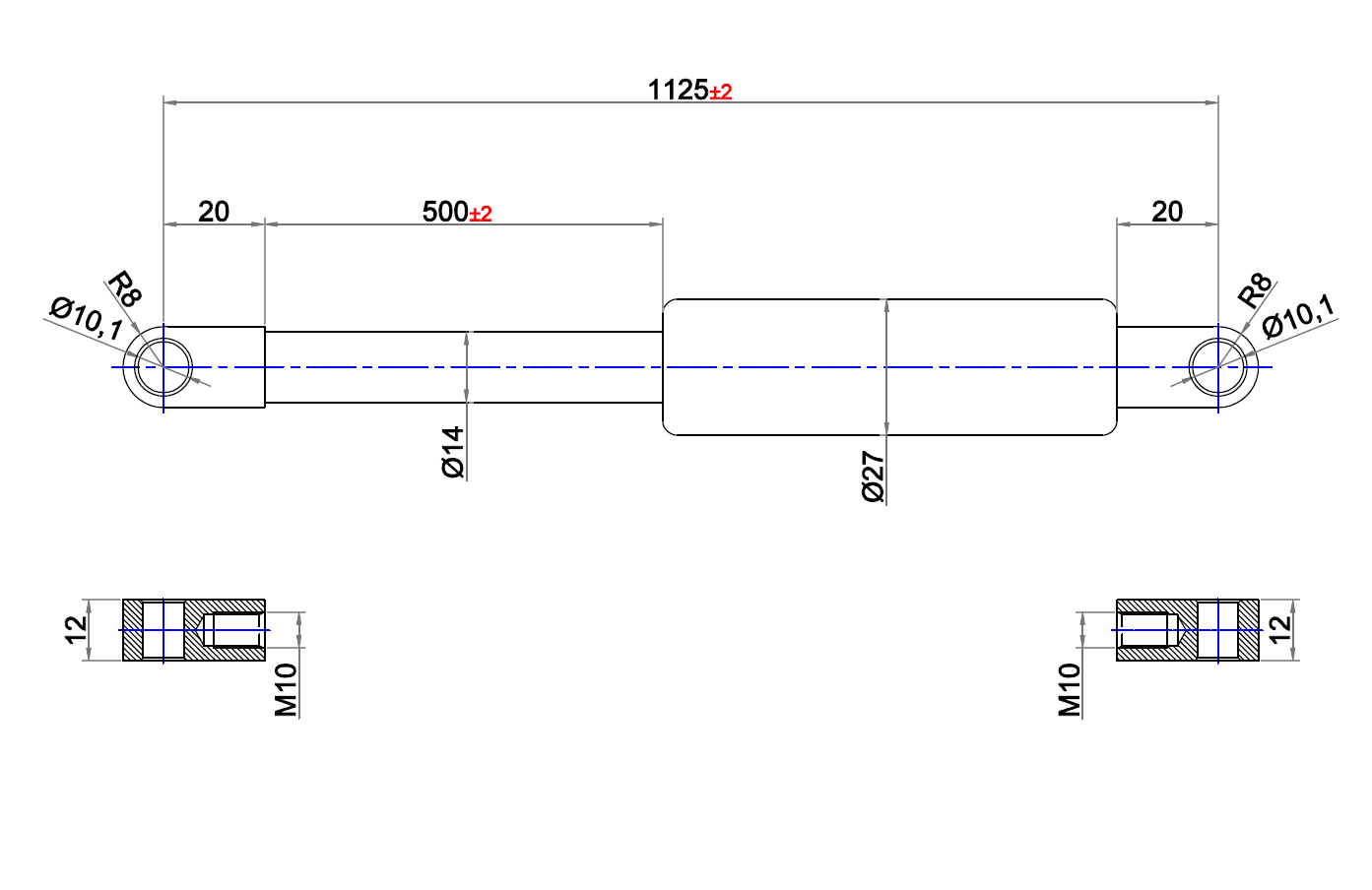 From 330mm ∼ Up to 1185mm length Gas pressure spring M10 Gas pressure damper