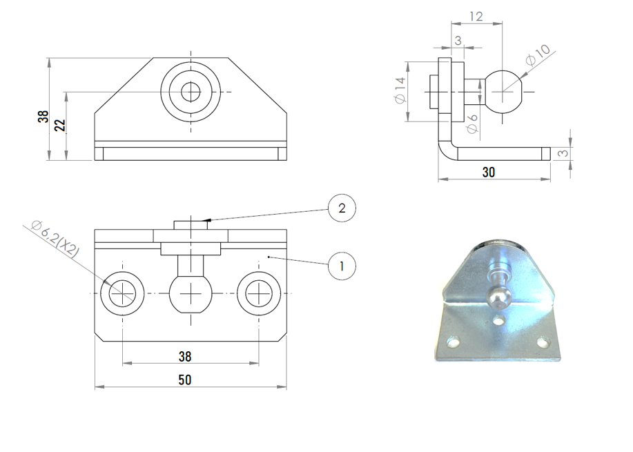 Mounting plate L-shape with ball head 8/10mm for gas spring 