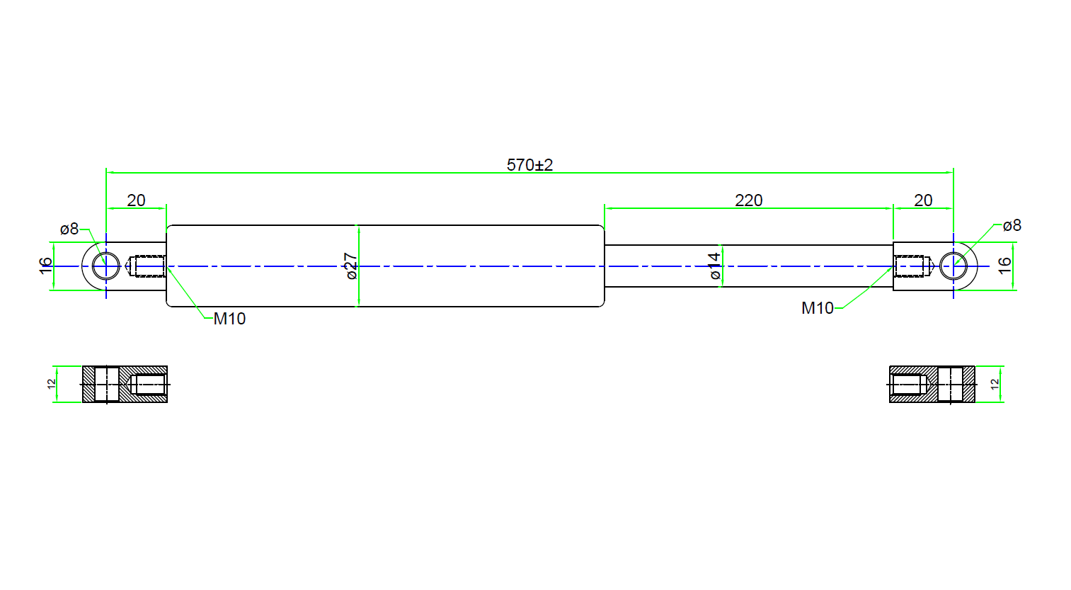 From 330mm ∼ Up to 1185mm length Gas pressure spring M10 Gas pressure damper