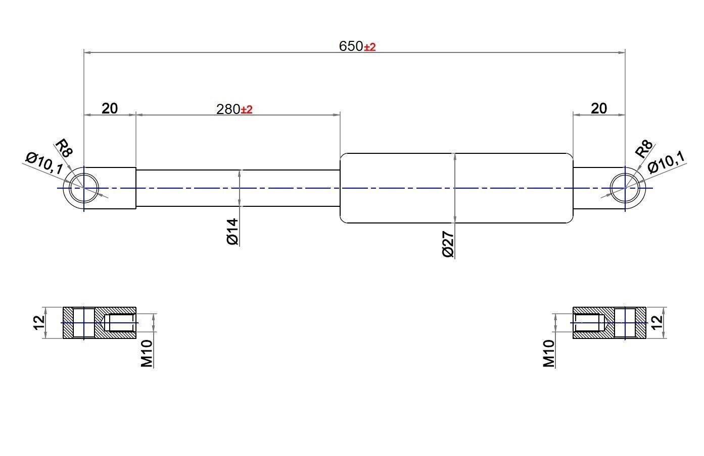 From 330mm ∼ Up to 1185mm length Gas pressure spring M10 Gas pressure damper