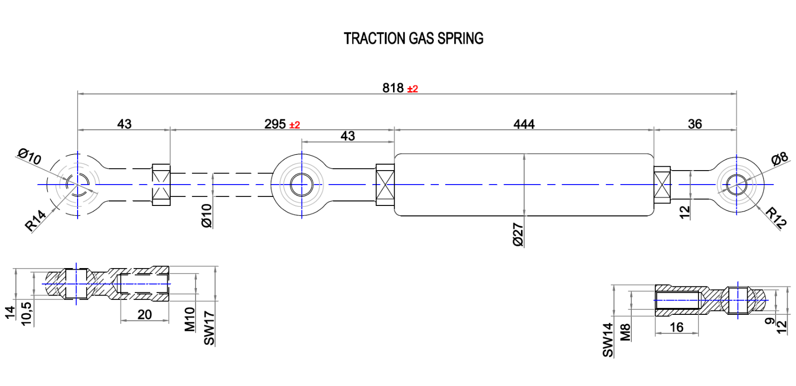 Gaszugfeder mit/ohne Ventil 600-2500N Extension Traction