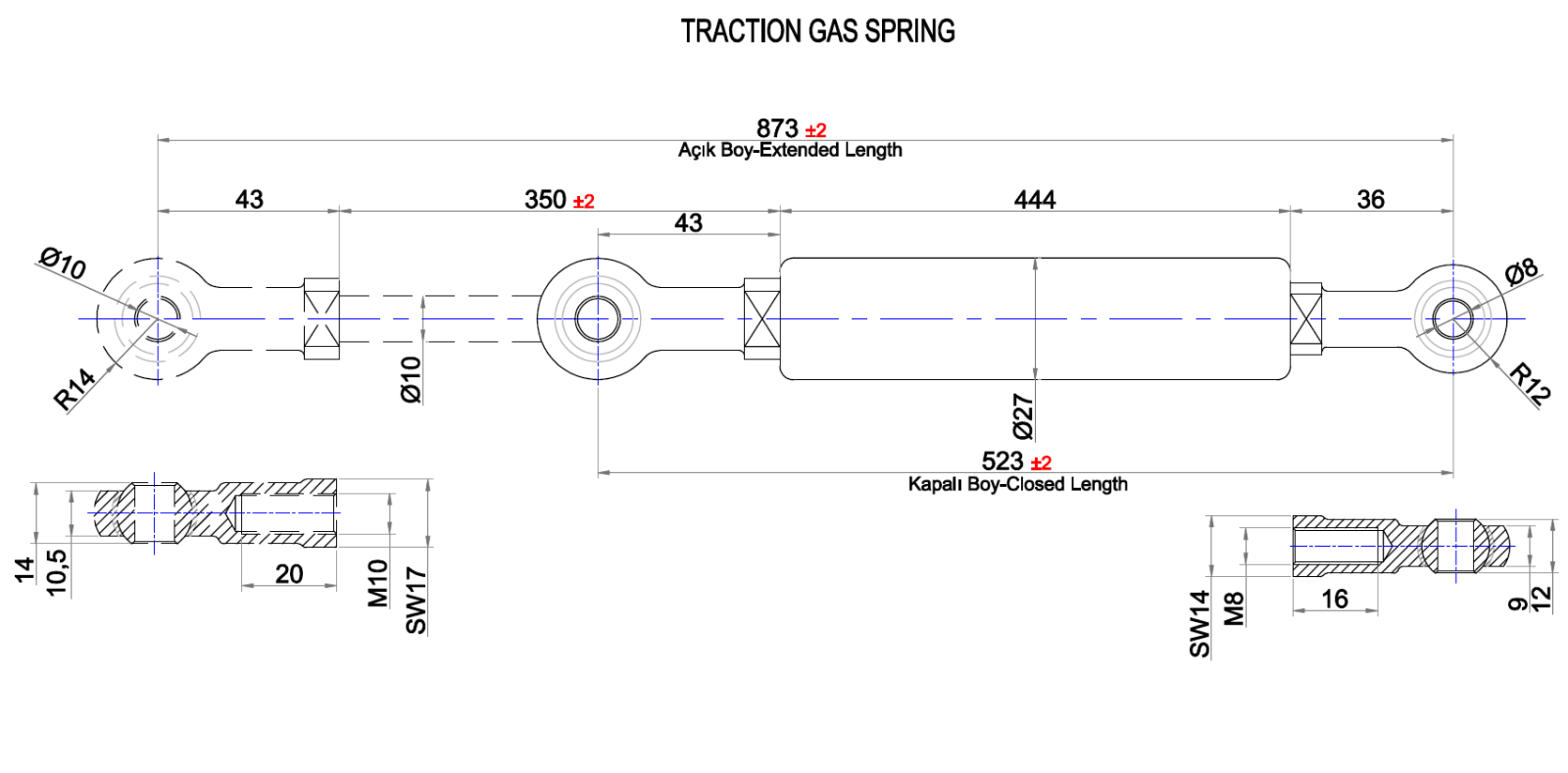 Gaszugfeder mit/ohne Ventil 600-2500N Extension Traction